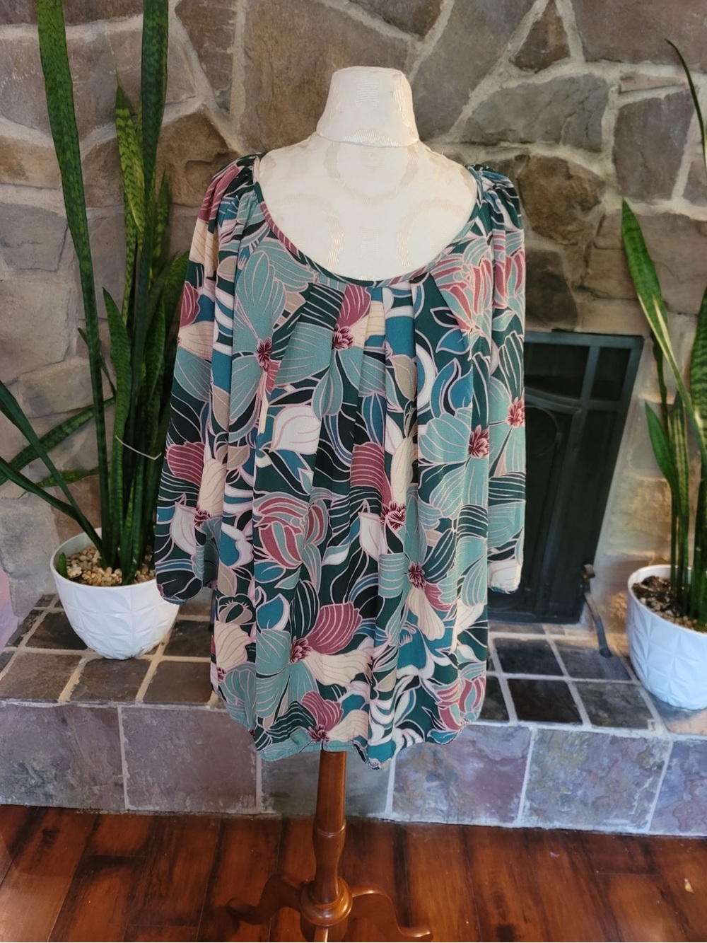 Sara Michelle Teal Floral Blouse Sz 3X 3/4 Sleeve Scoop Neck Plus Pullover